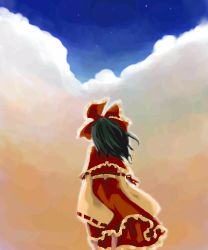 Rule 34 | 1girl, black hair, bow, cloud, dress, female focus, hakurei reimu, holding, holding behind back, night, night sky, red bow, red dress, sky, solo, star (sky), touhou