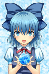 Rule 34 | 1girl, blue background, blue eyes, blue hair, bow, cirno, gin fuaru, hair bow, holding, ice, looking at viewer, matching hair/eyes, open mouth, own hands together, puffy short sleeves, puffy sleeves, ribbon, short hair, short sleeves, simple background, solo, touhou, upper body, water drop