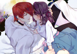 Rule 34 | 1boy, 1girl, artist name, black choker, black pants, blush, choker, closed eyes, collarbone, collared shirt, english text, hair ribbon, holding another&#039;s wrist, imminent kiss, jewelry, looking at another, medium hair, mitsumine yukari, mmts g, necklace, on bed, open mouth, pants, red hair, ribbon, shirt, short hair, short sleeves, the king of fighters, the king of fighters for girls, watermark, white shirt, yagami iori