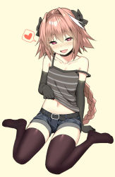 Rule 34 | 1boy, :d, astolfo (fate), black bow, black gloves, black thighhighs, blush, bow, braid, child, clothes lift, elbow gloves, fang, fate/grand order, fate (series), gloves, hair ribbon, heart, heart-shaped pupils, highres, lifted by self, long hair, looking at viewer, male focus, multicolored hair, no shoes, open mouth, pink hair, purple eyes, ribbon, shirt lift, short shorts, shorts, simple background, single braid, sitting, sky-freedom, smile, solo, spoken heart, symbol-shaped pupils, thighhighs, trap, wariza, zettai ryouiki