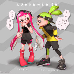 Rule 34 | 1boy, 1girl, ^^^, arrow (symbol), artist name, backwards hat, bandana, black footwear, black headwear, black shirt, black shorts, blunt bangs, blush, boots, brown eyes, cross-laced footwear, dolphin shorts, domino mask, embarrassed, eye contact, fangs, flat chest, from side, full body, green hair, grey background, hair tie, hand on own hip, hands up, hat, highres, hinata (hinata spla), inkling, inkling boy, inkling girl, inkling player character, jacket, japanese text, leggings, long hair, long sleeves, looking at another, looking to the side, mask, motion lines, multicolored clothes, multicolored legwear, nintendo, open mouth, pink hair, pointy ears, red eyes, red footwear, shiny clothes, shirt, shoes, short hair, short shorts, short sleeves, shorts, signature, simple background, speech bubble, splatoon (series), splatoon 3, standing, suction cups, surprised, sweat, talking, teeth, tentacle hair, tentacles, topknot, translation request, twintails, twitter username, two-tone background, very long hair, visor cap, yellow jacket