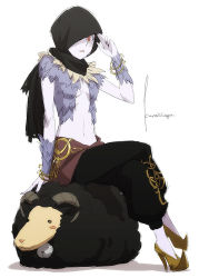 Rule 34 | 1girl, @ @, animal, bangle, bell, black pants, blush, bracelet, breasts, brown footwear, crossed legs, face, falcon justice, fingernails, full body, hood, hood up, horns, jewelry, jingle bell, kyo (kuroichigo), looking at viewer, mabinogi, navel, no bra, no socks, open mouth, pale skin, pants, red eyes, sharp fingernails, sheep, shoes, signature, simple background, sitting, sitting on animal, sketch, small breasts, smile, solo, stomach, underbust, white background