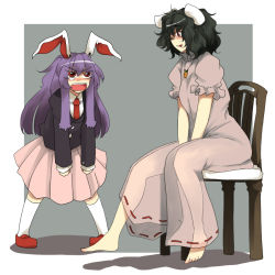 Rule 34 | 2girls, aged down, aged up, angry, animal ears, barefoot, black hair, blazer, carrot, carrot necklace, chair, child, female focus, inaba tewi, jacket, jewelry, multiple girls, necklace, necktie, pendant, purple hair, rabbit ears, red eyes, red necktie, reisen udongein inaba, role reversal, see-through, sitting, tears, toriga naku, touhou, troll face