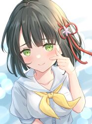 Rule 34 | 1girl, absurdres, black hair, blue background, blunt bangs, blunt ends, blush, bob cut, breasts, closed mouth, collarbone, commentary, dress, finger heart, flower, flower knot, green eyes, hair flower, hair ornament, hasu no sora school uniform, highres, link! like! love live!, love live!, medium breasts, momose ginko, neckerchief, sailor collar, sailor dress, school uniform, short hair, short sleeves, smile, solo, split mouth, summer uniform, symbol-only commentary, upper body, virtual youtuber, white dress, white sailor collar, yellow neckerchief, yutuki ame
