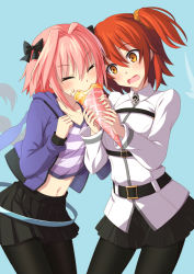 Rule 34 | 1boy, 1girl, astolfo (fate), belt, belt buckle, black pantyhose, black skirt, blue background, blush, buckle, closed eyes, collared shirt, commentary request, eating, fate/grand order, fate (series), food, food on face, fujimaru ritsuka (female), hair ornament, hair scrunchie, holding, holding food, jacket, long hair, long sleeves, miniskirt, multicolored hair, nu (plastic eraser), official alternate costume, open clothes, open jacket, open mouth, orange hair, pantyhose, pink hair, pleated skirt, purple jacket, purple shirt, scrunchie, shirt, side ponytail, simple background, skirt, smile, standing, streaked hair, striped clothes, striped shirt, trap, very long hair, white hair, white shirt, yellow eyes