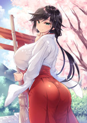 Rule 34 | 1girl, ass, black hair, breasts, broom, bush, cherry blossoms, closed mouth, cloud, covered erect nipples, day, dress, grass, green eyes, hakama, hakama skirt, holding, holding broom, huge breasts, japanese clothes, long hair, long skirt, long sleeves, looking at viewer, looking back, miko, original, outdoors, pantylines, red skirt, sanshoku amido, skirt, smile, solo, spring (season), standing, tree, wide sleeves, wind