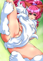 Rule 34 | 1girl, animal ears, ass, bare legs, bare shoulders, blush, breasts, cat ears, cat girl, censored, cleavage, curvy, female focus, highres, huge ass, large breasts, long hair, looking at viewer, naughty face, paw print, perisie (star ocean), pink hair, ponytail, ryoi, shiny skin, simple background, smile, solo, spread legs, star ocean, star ocean first departure, tail, thick thighs, thighhighs, thighs, very long hair