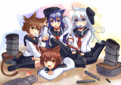 Rule 34 | 10s, 4girls, akatsuki (kancolle), animal ears, black legwear, blue eyes, brown eyes, brown hair, cat ears, cat tail, collar, fang, fish, folded ponytail, food in mouth, hair ornament, hairclip, hat, heart-shaped lock, hibiki (kancolle), highres, ikazuchi (kancolle), inazuma (kancolle), kantai collection, kemonomimi mode, lock, long hair, looking at viewer, mouth hold, multiple girls, neckerchief, open mouth, pantyhose, personification, red neckerchief, school uniform, serafuku, short hair, silver hair, skirt, smile, sumire l.a., tail, thighhighs