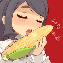 Rule 34 | 1girl, blouse, blush, closed eyes, corn, corn cob, food, mota, original, red background, saliva, sexually suggestive, shirt, simple background, solo, thick eyebrows, tongue, white shirt