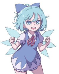 Rule 34 | 1girl, absurdres, blue bow, blue dress, blue eyes, blue hair, bow, cirno, clenched hands, collared shirt, cowboy shot, dress, eyebrows hidden by hair, hair bow, highres, ice, ice wings, kame (kamepan44231), looking at viewer, neck ribbon, one-hour drawing challenge, open mouth, puffy short sleeves, puffy sleeves, red ribbon, ribbon, shirt, short hair, short sleeves, simple background, smile, solo, standing, touhou, white background, white shirt, wings