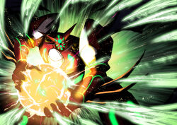 Rule 34 | arm blade, armor, dtcy, energy ball, getter rays, getter robo, glowing, glowing eyes, glowing lines, green light, light particles, looking at viewer, mecha, multicolored armor, orange light, pink light, red armor, robot, shin getter-1, shin getter robo, spikes, stoner sunshine, super robot, weapon, white armor