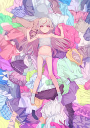 Rule 34 | 1girl, bare shoulders, blunt bangs, blush, bow, bow panties, camisole, clothes, collar, collarbone, commentary request, dress, gluteal fold, grey hair, highres, jacket, long hair, lying, makaino ririmu, multicolored hair, navel, nijisanji, no pants, on back, panties, parted lips, pile, pointy ears, red collar, red eyes, red hair, sabamen, shirt, shorts, sidelocks, skirt, socks, solo, strap slip, streaked hair, sweater, underwear, underwear only, virtual youtuber, white panties, white socks