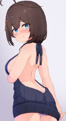 Rule 34 | 1girl, ahoge, backless dress, backless outfit, black dress, black hair, blue eyes, butt crack, dress, from behind, good ass day, gradient background, grey background, hair flaps, hair over shoulder, highres, kantai collection, long hair, looking at viewer, looking back, meme attire, panties, pink panties, shigure (kancolle), shigure kai ni (kancolle), solo, sweater, sweater dress, tsukimoto reiji, underwear, virgin killer sweater