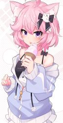 Rule 34 | 1girl, absurdres, aho, animal ears, breasts, camisole, cat ears, hair ornament, hand up, highres, holding, ice cream cone, jacket, nyatasha nyanners, nyatasha nyanners (1st costume), off shoulder, pink hair, purple eyes, short hair, small breasts, solo, tongue, tongue out, upper body, virtual youtuber, vshojo