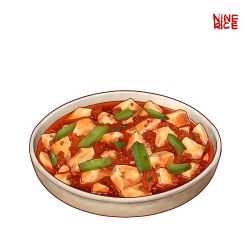 Rule 34 | bowl, english text, food, food focus, highres, jiumudao, mapo tofu, no humans, original, simple background, tofu, vegetable, white background