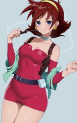 Rule 34 | 1girl, aqua background, aqua choker, bare shoulders, belt, black belt, blue eyes, blush, breasts, campbell xx, cleavage, collarbone, commentary request, cowboy shot, dress, earrings, g gundam, gundam, hairband, highres, holding, holding screwdriver, jewelry, looking at viewer, medium breasts, off-shoulder dress, off shoulder, rain mikamura, red dress, red hair, screwdriver, short dress, simple background, smile, solo, thighs, weapon case, yellow hairband
