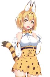 Rule 34 | 10s, 1girl, animal ears, bare shoulders, blonde hair, blush, bow, bowtie, elbow gloves, fang, gloves, kemono friends, noboru (kamine204136), open mouth, print bow, print gloves, print skirt, serval (kemono friends), serval tail, short hair, simple background, skirt, solo, tail, thighhighs, white background, white gloves, yellow eyes, zettai ryouiki