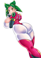 Rule 34 | 1girl, artist request, ass, bloody roar, bodysuit, boots, breast rest, breasts, dark, elbow gloves, from behind, from below, frown, gloves, green hair, highres, huge ass, huge breasts, leotard, looking at viewer, nonomura uriko, orange eyes, shiny clothes, shiny skin, short hair, sideboob, solo, thick thighs, thigh boots, thighhighs, thighs, white background