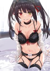 Rule 34 | 1girl, arm support, armpit crease, arms at sides, bare shoulders, bed, black bra, black choker, black hair, black hairband, black panties, black thighhighs, blanket, blouse, blush, bow, bow bra, bow hairband, bow panties, bra, breasts, breasts apart, choker, clock eyes, collarbone, commentary, cowboy shot, curtains, date a live, frilled choker, frilled hairband, frills, garter belt, garter straps, hair ribbon, hairband, heterochromia, hews, highres, lingerie, lolita hairband, long hair, looking at viewer, medium breasts, navel, off shoulder, open clothes, open shirt, panties, pillow, red eyes, red pupils, red ribbon, ribbon, ribbon bra, shirt, sidelocks, sitting, skindentation, smile, smug, solo, sweat, symbol-shaped pupils, thighhighs, tokisaki kurumi, twintails, underwear, white bow, white curtains, white shirt, window, yellow eyes