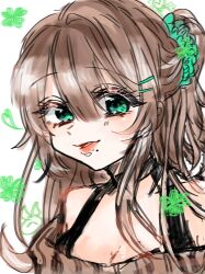 Rule 34 | 1girl, blush, breasts, brown hair, cleavage, green eyes, hair between eyes, heart, highres, looking at viewer, medium breasts, mole, mole under mouth, murata yuusuke&#039;s daughter, original, simple background, smile, solo, twintails, white background