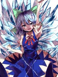 Rule 34 | 1girl, arm up, blouse, blue dress, blue eyes, blue hair, blush, bow, cirno, collared shirt, dress, fairy wings, flat chest, green bow, hair between eyes, hair bow, ice, ice wings, long dress, looking at viewer, neck ribbon, open mouth, pinafore dress, puffy short sleeves, puffy sleeves, red ribbon, ribbon, shirt, short hair, short sleeves, simple background, sleeveless dress, smile, solo, sutaku77224, tongue, touhou, white background, white shirt, wings