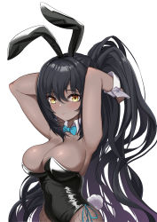 Rule 34 | 1girl, absurdres, animal ears, aqua bow, aqua bowtie, armpits, arms behind head, black hair, black headband, black leotard, blue archive, bow, bowtie, breasts, chinese commentary, cleavage, closed mouth, covered navel, curvy, dark-skinned female, dark skin, detached collar, fake animal ears, fishnet pantyhose, fishnets, hair between eyes, headband, high ponytail, highleg, highleg leotard, highres, karin (blue archive), karin (bunny) (blue archive), large breasts, leotard, long hair, multicolored hair, mz (yeye ai chipao mian), official alternate costume, pantyhose, playboy bunny, purple hair, rabbit tail, shiny clothes, shiny skin, simple background, solo, strapless, strapless leotard, streaked hair, tail, taut leotard, thong leotard, traditional bowtie, two-tone hair, very long hair, white background, wide hips, wrist cuffs, yellow eyes