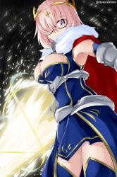 Rule 34 | 1girl, artoria pendragon (fate), artoria pendragon (lancer) (fate), artoria pendragon (lancer) (fate) (cosplay), black-framed eyewear, blue dress, blue sleeves, blue thighhighs, breasts, cape, commentary request, cosplay, covered mouth, cross, detached sleeves, dress, fate/grand order, fate (series), fur collar, gauntlets, glasses, glowing, hair over one eye, headpiece, large breasts, looking at viewer, mash kyrielight, pink hair, purple eyes, red cape, rhongomyniad (fate), sleeveless, sleeveless dress, solo, tasora, thighhighs, twitter username