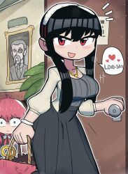 Rule 34 | 2girls, absurdres, anya (spy x family), black dress, black hair, blood, bloody weapon, breasts, collar, collarbone, door, dot nose, drawing (object), dress, female focus, green eyes, heart, highres, indoors, jewelry, large breasts, long hair, looking at viewer, multiple girls, necklace, open mouth, pink hair, red eyes, severed head, shiny skin, sidelocks, smile, speech bubble, spy x family, standing, tony welt, weapon, yor briar