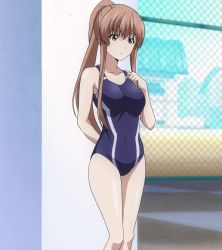 Rule 34 | 10s, 1girl, anime screenshot, aoba kazane, brown hair, competition swimsuit, highres, keijo!!!!!!!!, one-piece swimsuit, ponytail, solo, standing, stitched, swimsuit, third-party edit