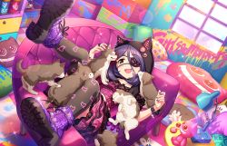 Rule 34 | 1girl, animal, animal hood, ankle boots, artist request, badge, black nails, blush, boots, bracelet, button badge, cat hood, choker, collarbone, couch, dog, eyepatch, fang, fingernails, graffiti, hair between eyes, hayasaka mirei, heart, heart print, hood, idolmaster, idolmaster cinderella girls, idolmaster cinderella girls starlight stage, indoors, jewelry, lamp, long fingernails, looking at another, lying, multicolored hair, nail polish, official art, on back, open mouth, plaid, puppy, purple eyes, purple hair, raised eyebrows, ring, smile, solo, streaked hair, stuffed toy, thighhighs, wall, window