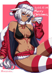 Rule 34 | 1girl, absurdres, animal ears, arm support, artist name, bare shoulders, bikini, black bikini, blue eyes, blush, body markings, breasts, caenis (fate), carrying over shoulder, cleavage, closed mouth, coat, commentary, cutoffs, dark-skinned female, dark skin, dated, fate/grand order, fate (series), fur collar, groin, hair between eyes, hat, highleg, highleg bikini, highres, holding, holding sack, long hair, long sleeves, looking at viewer, medium breasts, merry christmas, midriff, moussaka, nail polish, navel, off shoulder, open clothes, open coat, red background, red coat, red hat, red shorts, red thighhighs, sack, santa hat, short shorts, shorts, sidelocks, sitting, skindentation, solo, striped clothes, striped thighhighs, swimsuit, thighhighs, white background, white hair, white nails, white thighhighs