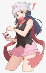 Rule 34 | !, 1girl, :d, bad id, bad pixiv id, beanie, black hair, black shirt, bracelet, commentary request, creatures (company), dawn (pokemon), game freak, grey eyes, hair ornament, hairclip, hat, hiyoshipow, holding, holding poke ball, jewelry, long hair, looking at viewer, nintendo, open mouth, pink skirt, poke ball, poke ball (basic), poke ball print, pokemon, pokemon dppt, poketch, red scarf, scarf, shirt, simple background, skirt, sleeveless, sleeveless shirt, smile, solo, watch, white background, white hat, wristwatch
