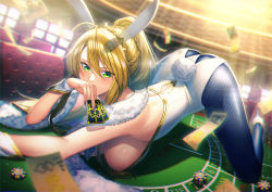 Rule 34 | 1girl, all fours, animal ears, artoria pendragon (all), artoria pendragon (fate), artoria pendragon (swimsuit ruler) (fate), ass, bare shoulders, blonde hair, blue pantyhose, blush, braid, breasts, card, casino, casino card table, detached collar, fake animal ears, fate (series), feather boa, fishnet pantyhose, fishnets, french braid, green eyes, highleg, highleg leotard, indoors, large breasts, leotard, long hair, looking at viewer, necktie, pantyhose, playboy bunny, playing card, poker chip, ponytail, rabbit ears, sidelocks, solo, table, tail, thighs, unowen, white leotard, wrist cuffs