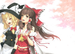Rule 34 | 2girls, aka (shoumae), holding another&#039;s arm, bad id, bad pixiv id, blonde hair, bow, braid, brown eyes, brown hair, buttons, collaboration, detached sleeves, embellished costume, female focus, hair bow, hakurei reimu, hat, japanese clothes, kirisame marisa, kunieda, miko, multiple girls, navel, side braid, tassel, touhou, wide sleeves, witch, witch hat, yellow eyes