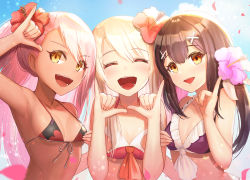 Rule 34 | 3girls, :d, ^ ^, armpits, bikini, black hair, blue sky, breasts, chloe von einzbern, closed eyes, cloud, commentary request, dark-skinned female, dark skin, day, dolce (dolsuke), fate/kaleid liner prisma illya, fate (series), flower, hair flower, hair ornament, happy, illyasviel von einzbern, long hair, looking at viewer, miyu edelfelt, multiple girls, open mouth, petals, pink hair, side ponytail, sky, small breasts, smile, swimsuit, teeth, upper body, white hair, x hair ornament, yellow eyes