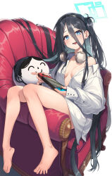 Rule 34 | 1girl, absurdres, aris (blue archive), armchair, doodle sensei (blue archive), barefoot, black hair, black hairband, blue archive, blue eyes, blue halo, breasts, bright pupils, chair, collared shirt, commentary, cushion, dress shirt, feet, hair between eyes, hairband, halo, handheld game console, headphones, headphones around neck, highres, holding, holding handheld game console, legs, light blush, long hair, long sleeves, looking at viewer, no bra, no pants, off shoulder, one side up, open mouth, sensei (blue archive), shirt, simple background, sitting sideways, small breasts, smile, solo, sunnillust, teeth, toes, very long hair, white background, white pupils, white shirt