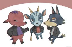 Rule 34 | 3boys, animal crossing, artist name, baseball bat, black eyes, black jacket, brown horns, bruce (animal crossing), buttons, closed mouth, commentary request, cyd (animal crossing), deer boy, elephant boy, furry, furry male, grey shirt, grin, hand on own hip, hand up, highres, holding, holding baseball bat, horns, jacket, kaji (oni atat), long sleeves, looking at viewer, male focus, multiple boys, nintendo, open clothes, open jacket, open mouth, purple hair, purple shirt, red background, red shirt, shirt, simple background, smile, smirk, twitter username, two-tone background, v-shaped eyebrows, white background, wolf boy, wolfgang (animal crossing)