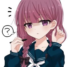 Rule 34 | 1girl, ?, black bow, blue sailor collar, blue shirt, blunt bangs, bocchi the rock!, bow, braid, collarbone, expressionless, hair bow, hair over shoulder, highres, hiroi kikuri, holding, holding pen, long hair, long sleeves, looking at viewer, marumaruru, neckerchief, official alternate costume, open mouth, pen, purple eyes, purple hair, sailor collar, school uniform, serafuku, shaded face, shirt, simple background, solo, spoken question mark, twin braids, upper body, white background, white neckerchief