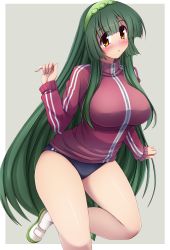 Rule 34 | 1girl, absurdres, blush, breasts, buruma, female focus, green hair, gym uniform, hair ornament, hairband, highres, huge breasts, jacket, long hair, looking at viewer, orange eyes, shirt, shoes, simple background, solo, standing, thighs, touhoku zunko, track jacket, track suit, turtleneck, very long hair, vocaloid, voiceroid, yellow eyes, yuzumiya mono