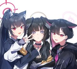 Rule 34 | 3girls, :o, absurdres, animal ear fluff, animal ears, asymmetrical hair, black camisole, black choker, black collar, black hair, black hoodie, black jacket, blazer, blue archive, blue ribbon, blunt bangs, bob cut, bright pupils, camisole, cat ears, cat girl, choker, collar, collarbone, collared shirt, colored inner animal ears, colored inner hair, commentary request, cross-laced clothes, dog ears, dog girl, dog tags, dot nose, earrings, ears down, fingernails, grey halo, grey nails, hair behind ear, hair intakes, hair ornament, hair ribbon, hairclip, halo, hand up, hibiki (blue archive), highres, hood, hood down, hoodie, jacket, jewelry, kamiyama sumu, kazusa (blue archive), long hair, long sleeves, looking at viewer, low twintails, medium hair, multicolored hair, multiple girls, nail, neckerchief, off shoulder, open clothes, open jacket, open mouth, parted bangs, pink hair, pink halo, pink neckerchief, ponytail, purple eyes, red eyes, red halo, ribbon, serika (blue archive), shirt, simple background, smile, stud earrings, twintails, two-tone hair, upper body, v, white background, white jacket, white pupils, white shirt