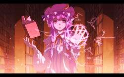 Rule 34 | 1girl, anime coloring, arm up, bad id, bad pixiv id, book, bookshelf, crescent, dress, female focus, hair ribbon, hat, kurione (zassou), letterboxed, library, long hair, magic circle, open mouth, outstretched hand, patchouli knowledge, purple dress, purple eyes, purple hair, ribbon, solo, sparks, striped clothes, striped dress, touhou, voile