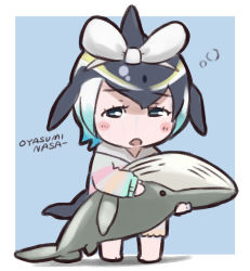 Rule 34 | 1girl, aged down, alternate costume, black hair, blonde hair, blue eyes, blue hair, blue whale, blush, bow, cetacean tail, child, commentary request, common dolphin (kemono friends), dorsal fin, fins, fish tail, full body, hair bow, hairband, highres, kemono friends, kemono friends 3, multicolored hair, open mouth, pajamas, short hair, sleepy, solo, stuffed animal, stuffed toy, tail, toriney03, white bow, white hair