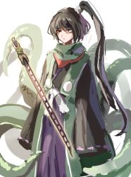 Rule 34 | 1other, adagumo no yaorochi, androgynous, black eyes, black hair, black sleeves, blunt bangs, closed mouth, commentary request, expressionless, green scarf, hemo (hemoroda), highres, japanese clothes, kimono, len&#039;en, long hair, multiple tails, ponytail, purple kimono, ribbon, scarf, sleeves past fingers, sleeves past wrists, snake tail, solo, sword, tail, tasouken, weapon, white ribbon