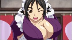 Rule 34 | animated, animated gif, black hair, bouncing breasts, breasts, brown eyes, cafe chichiminazu manager, cleavage, huge breasts, japanese clothes, kimono, long hair, looping animation, lowres, maid, manyuu hikenchou, takagi jun