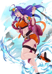 Rule 34 | 1girl, absurdres, ahoge, armband, ass, belt, bikini, blue hair, blush, breasts, cleavage, commentary, covered erect nipples, cowboy shot, criss-cross halter, english commentary, fire emblem, fire emblem: path of radiance, fire emblem: radiant dawn, fire emblem heroes, flower, green eyes, hair between eyes, hair flower, hair ornament, hairband, halterneck, heart, heart-shaped eyes, highres, holding, holding weapon, large breasts, lips, long hair, mia (fire emblem), midriff, nail polish, nintendo, ocean, octopus, open mouth, orange bikini, orange footwear, purple nails, sandals, solo, splashing, swimsuit, tentacles, tentacles under clothes, thigh strap, thighs, vialnite, water, weapon, wet, wristband