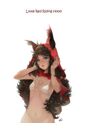 Rule 34 | 1girl, animal ears, bad id, bad pixiv id, bikini, bikini top only, blue eyes, bottomless, bow, brown hair, cape, curly hair, female focus, front-tie top, hexagram, hood, hooded cape, little red riding hood, long hair, looking at viewer, mata c, original, red cape, red hood, signature, simple background, solo, swimsuit, white background, white bikini