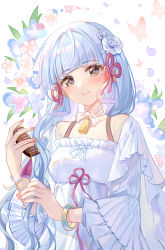 Rule 34 | 1girl, ayaka (genshin impact), blush, bracelet, breasts, casual, comb, commentary request, dress, flower, genshin impact, gou lianlian dogface, grey hair, hair flower, hair ornament, hair ribbon, highres, holding, holding comb, jewelry, mole, mole under eye, nail polish, pink nails, pink ribbon, ribbon, smile, white dress
