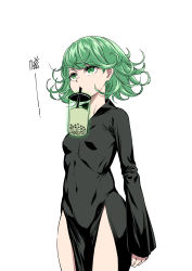 Rule 34 | 1girl, arms at sides, black dress, breasts, bubble tea, bubble tea challenge, collared dress, covered navel, cowboy shot, curly hair, dress, drinking, f.w.zholic, feet out of frame, green eyes, green hair, highres, long sleeves, looking afar, matching hair/eyes, mouth hold, one-punch man, pelvic curtain, psychic, short hair, simple background, small breasts, solo, standing, tatsumaki, telekinesis, white background, you&#039;re doing it wrong