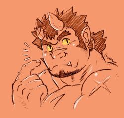 Rule 34 | 1boy, back hair, bara, big nose, broken horn, colored sclera, confused, cropped torso, cross scar, demon boy, demon horns, facial hair, forked eyebrows, goatee, gon (gontaku), hand up, head tilt, horns, index finger raised, knuckle hair, large pectorals, long sideburns, male focus, mature male, medium hair, muscular, muscular male, orange theme, orgus (f-kare), orgus (f-kare), pectorals, pointing, pointing at self, pointy ears, ponytail, scar, scar on chest, scar on face, scar on nose, shoukan yuusha to f-kei kareshi, sideburns, sketch, slit pupils, solo, thick eyebrows, tokyo houkago summoners, tusks, yellow sclera