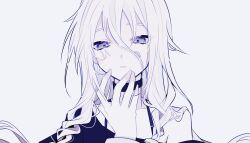Rule 34 | 1girl, blue theme, braid, character name, choker, collarbone, expressionless, facial tattoo, hair between eyes, half-closed eyes, highres, ia (vocaloid), long bangs, long hair, looking at viewer, messy hair, mizuame (mi rei 817), monochrome, off shoulder, pale skin, parted lips, portrait, raised eyebrows, shirt, simple background, single bare shoulder, solo, spaghetti strap, tattoo, twin braids, vocaloid